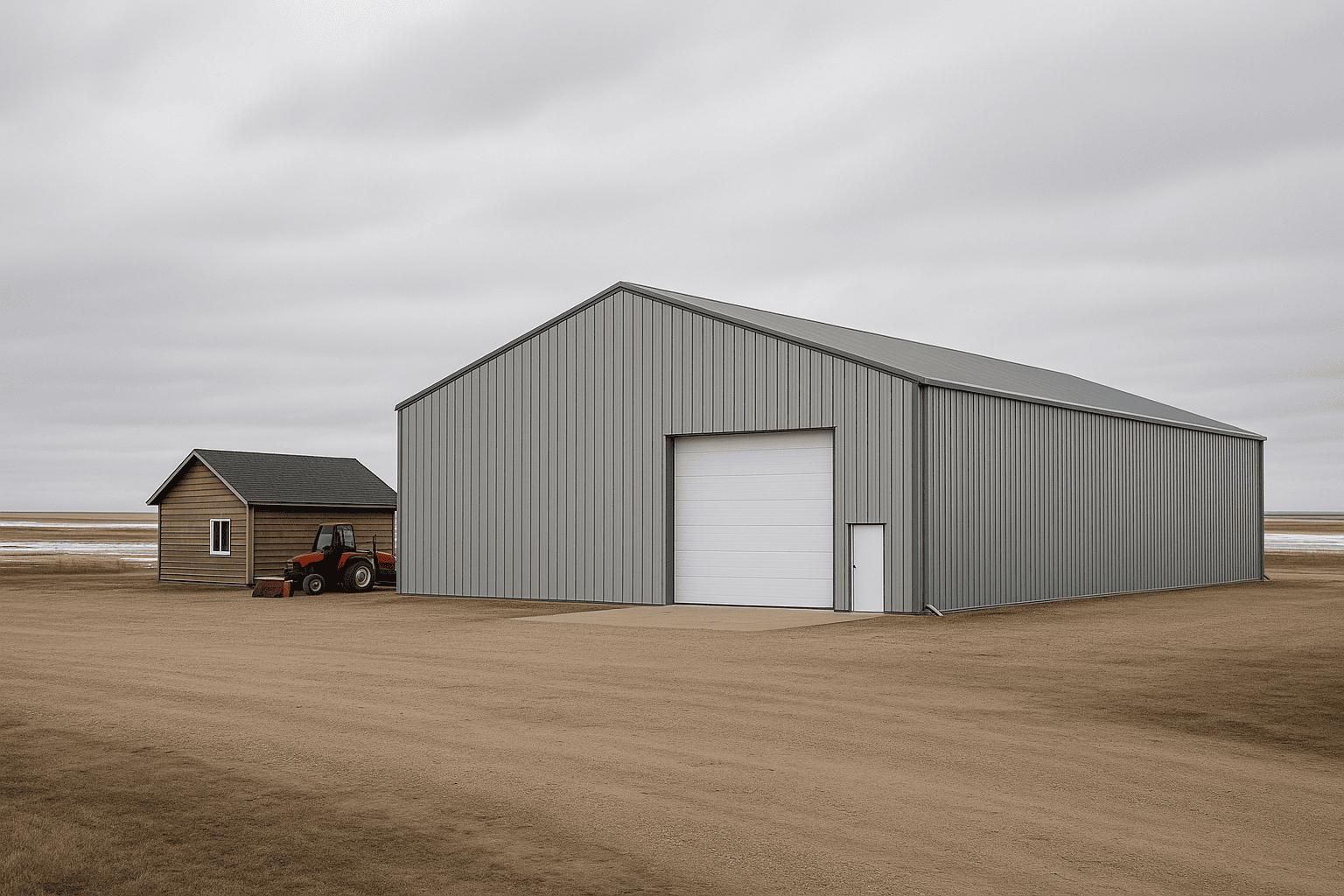 Wide pre-engineered steel building beside a wood-frame structure on a Canadian rural property
