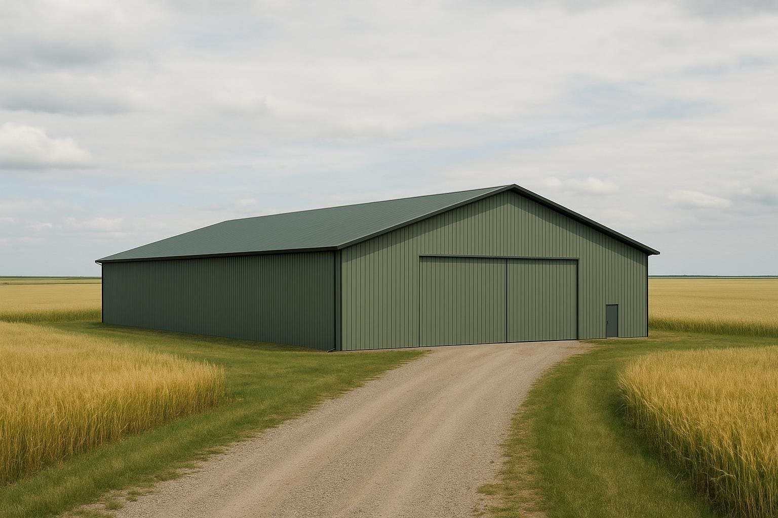 Large clear-span steel farm building on a Canadian Prairie farm with grain fields in the background