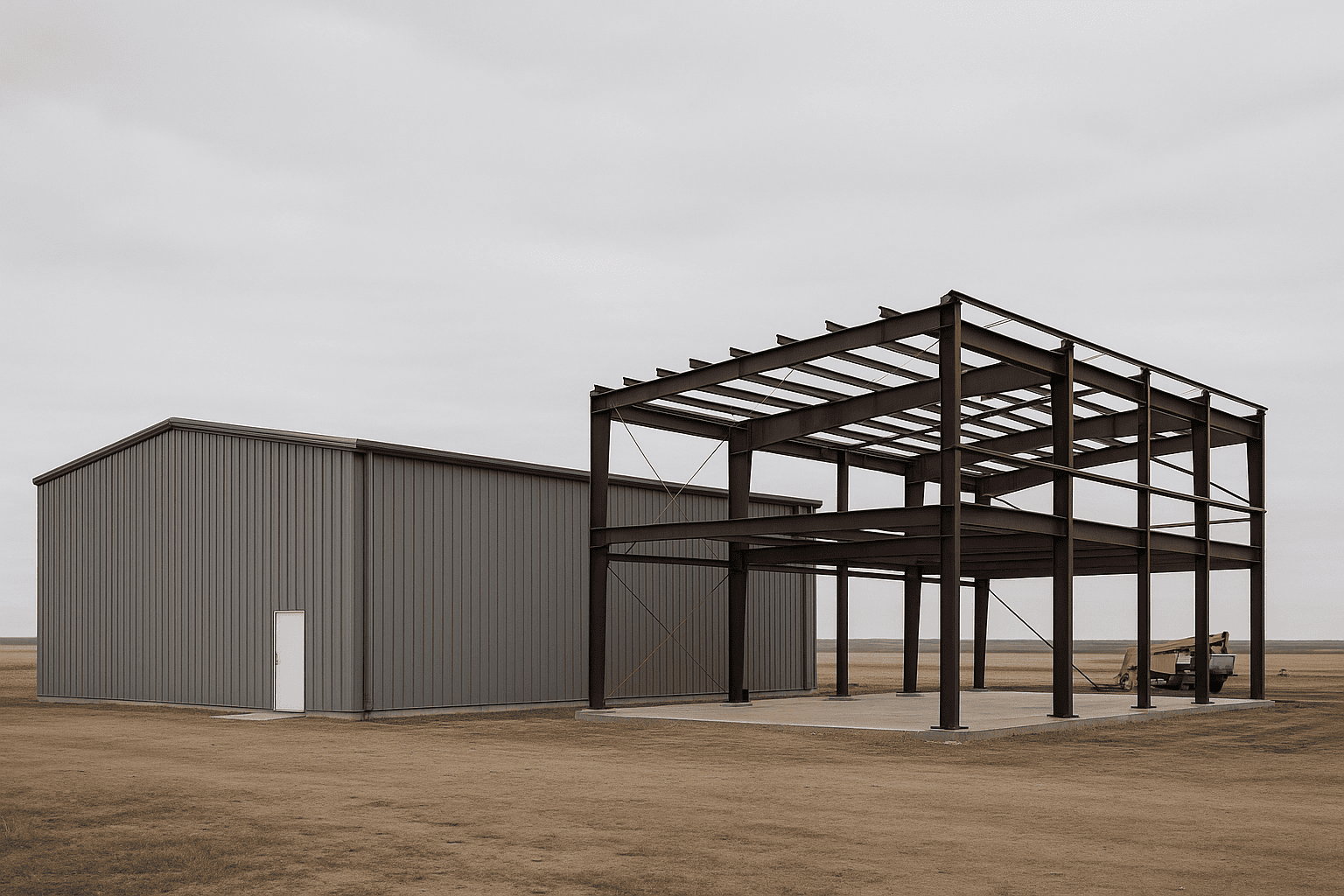 Large pre-engineered metal building beside a conventional steel frame structure on a Canadian industrial site