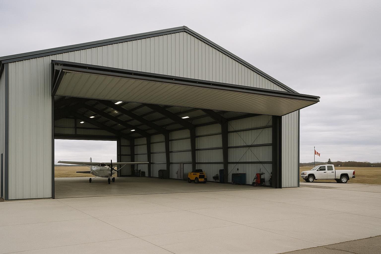 Large clear-span steel plane hangar with open bifold doors on a Canadian airfield