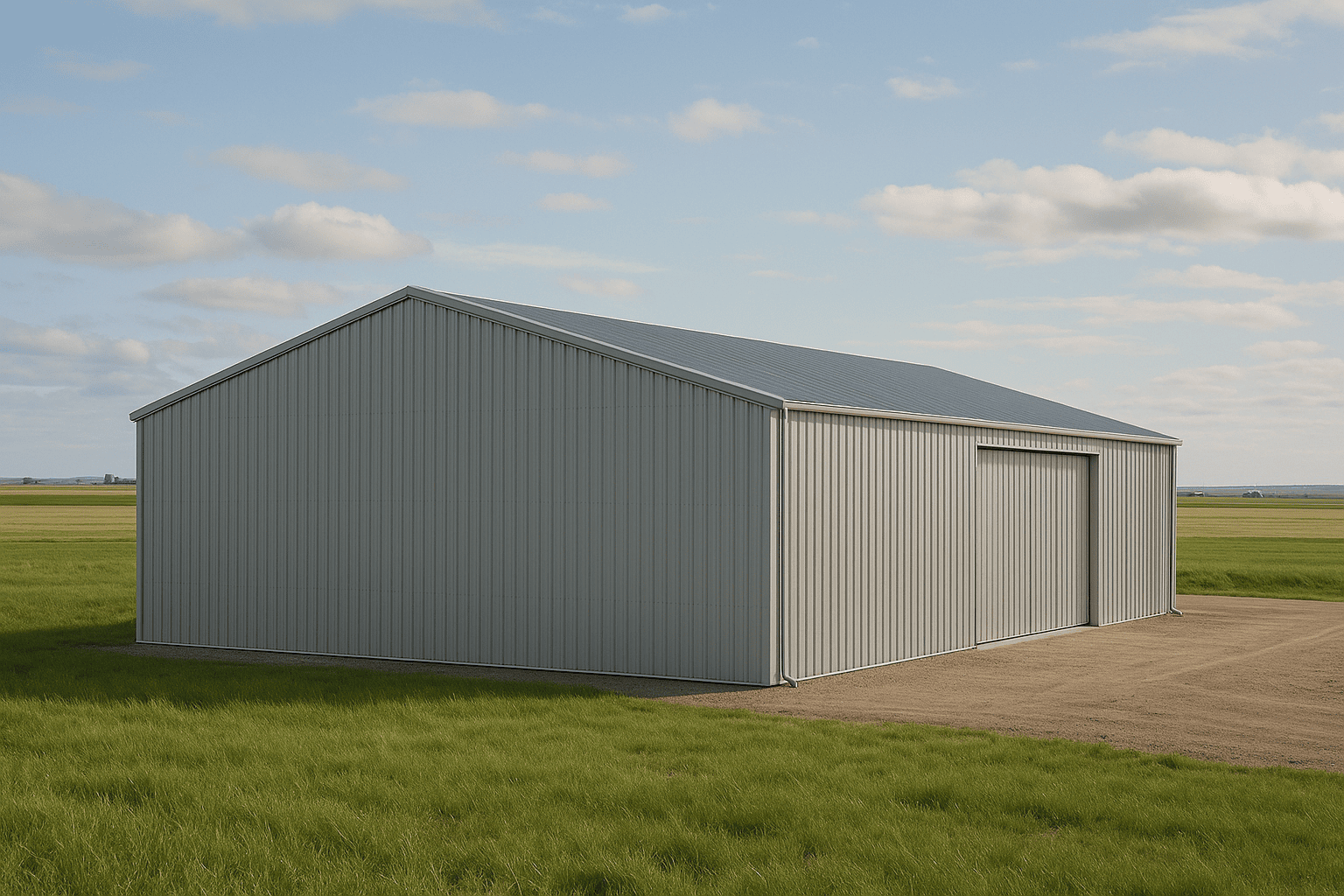 Wide exterior view of a large pre-engineered steel building on a Canadian rural property under clear sky