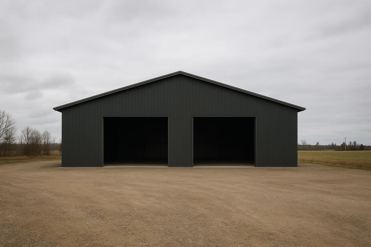 Wide clear-span pre-engineered steel workshop building on a Canadian rural property in natural light