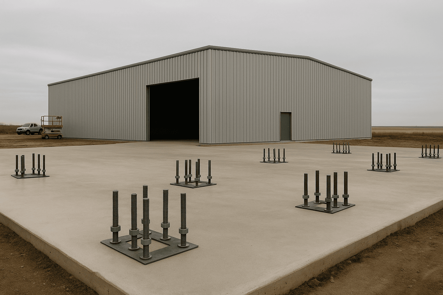 Threaded anchor bolts projecting from a concrete foundation ready for a steel building frame