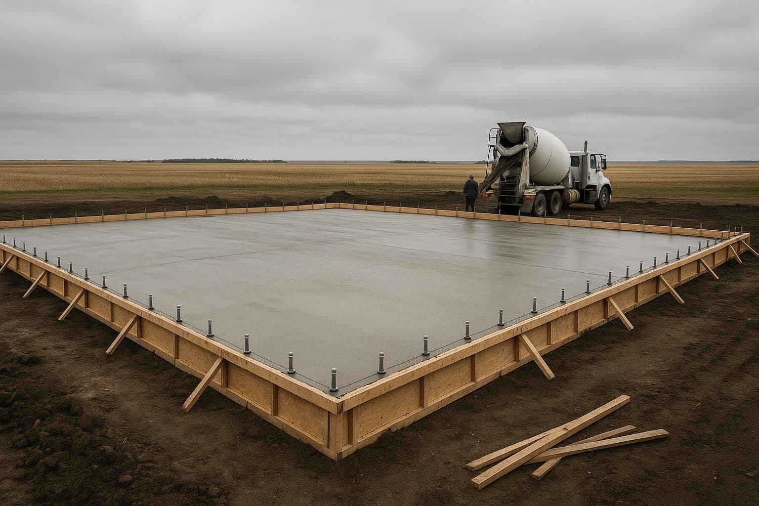Concrete being poured into formwork for a steel building foundation on a Canadian construction site