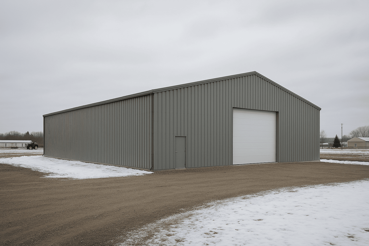 Wide clear-span pre-engineered steel building on a flat site near London Ontario under overcast winter sky