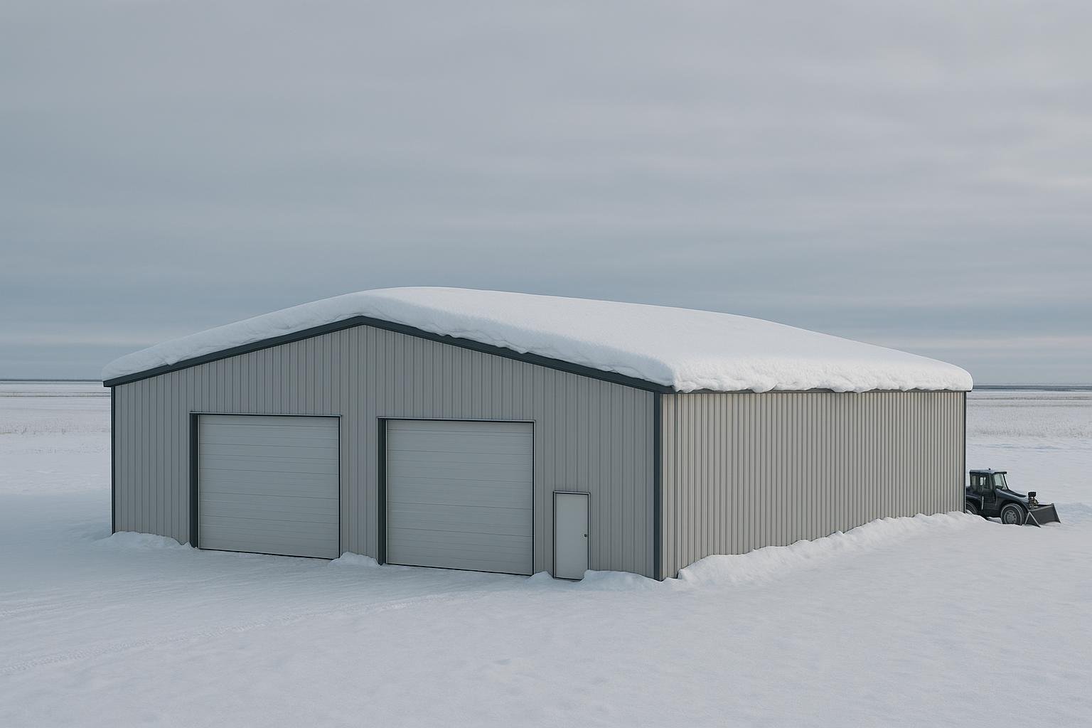 Wide pre-engineered steel building under heavy snow in an Alberta winter landscape