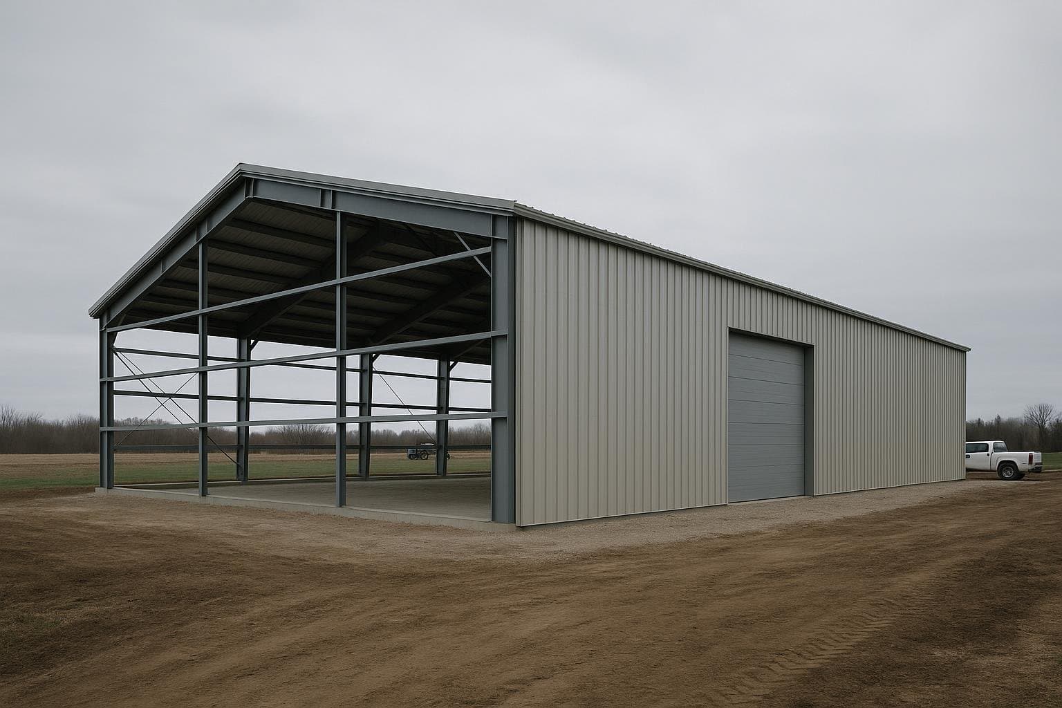 Pre-engineered steel building on an Ontario rural site with metal cladding