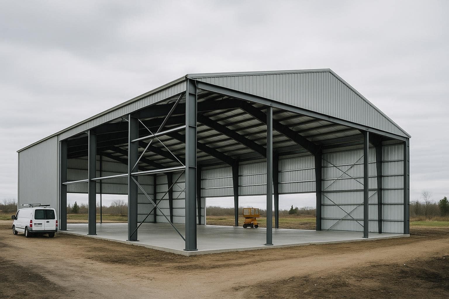 Pre-engineered steel building exterior showing full frame and metal cladding panels