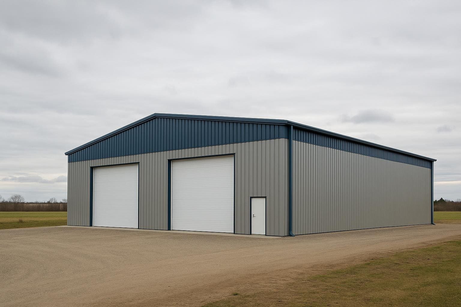Large clear-span pre-engineered steel warehouse building on a Canadian rural property in natural light
