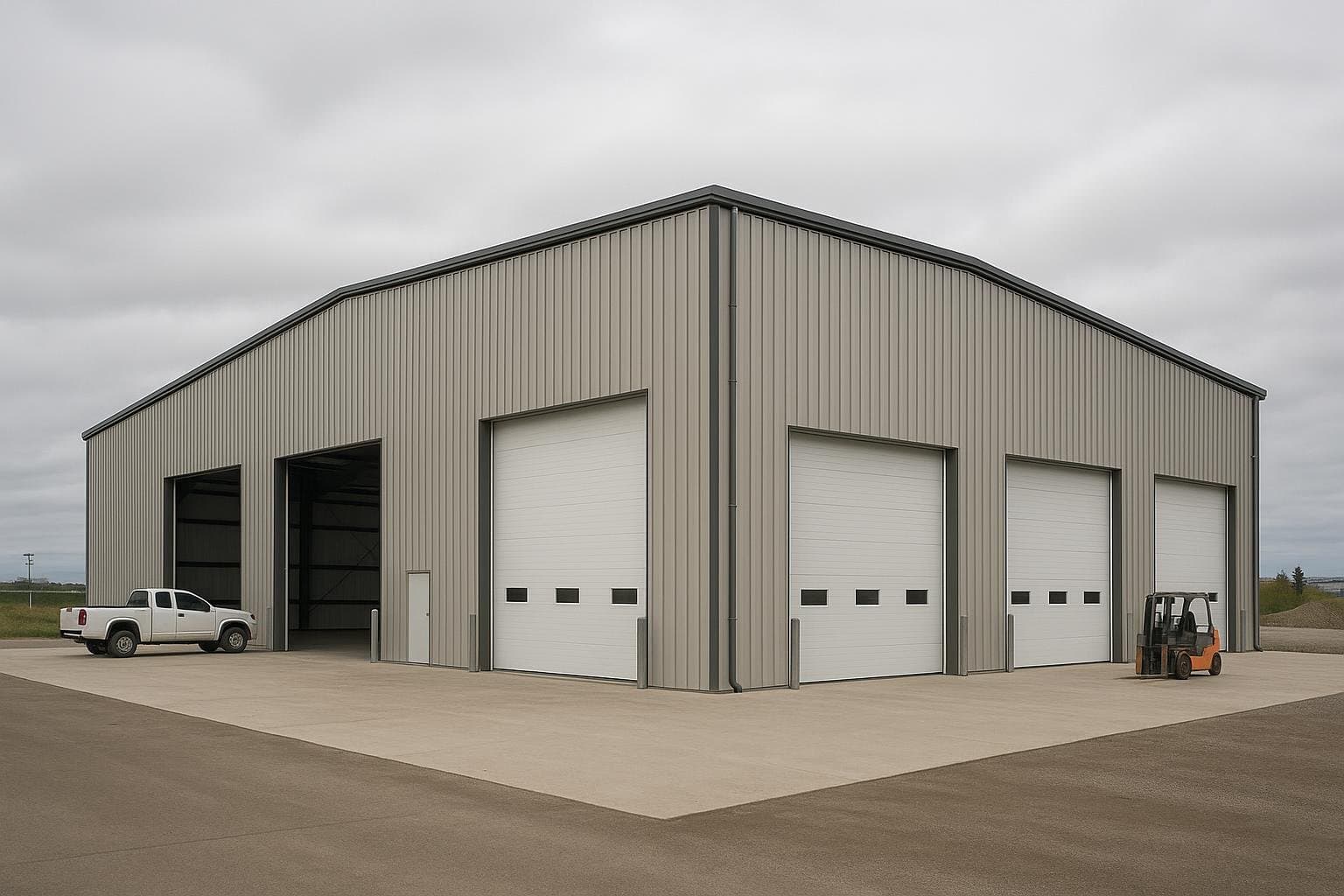 Large pre-engineered steel manufacturing plant building with clear-span roof