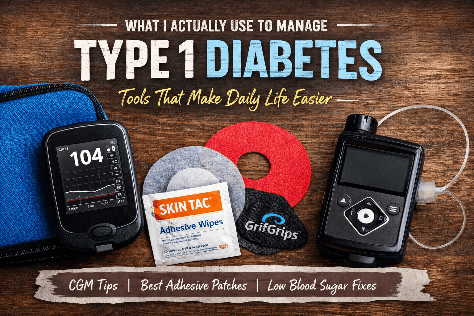 Assortment of Type 1 Diabetes management tools on a wooden surface.
