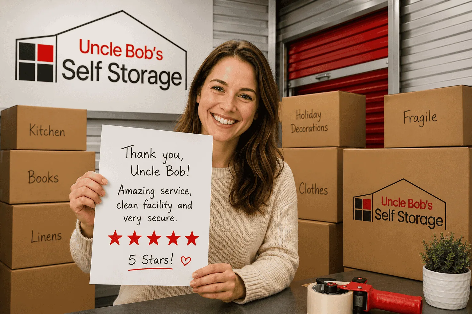 Happy customer holding a 5-star review for Uncle Bob's Self Storage while standing in front of stacked moving boxes inside a clean, secure storage facility.