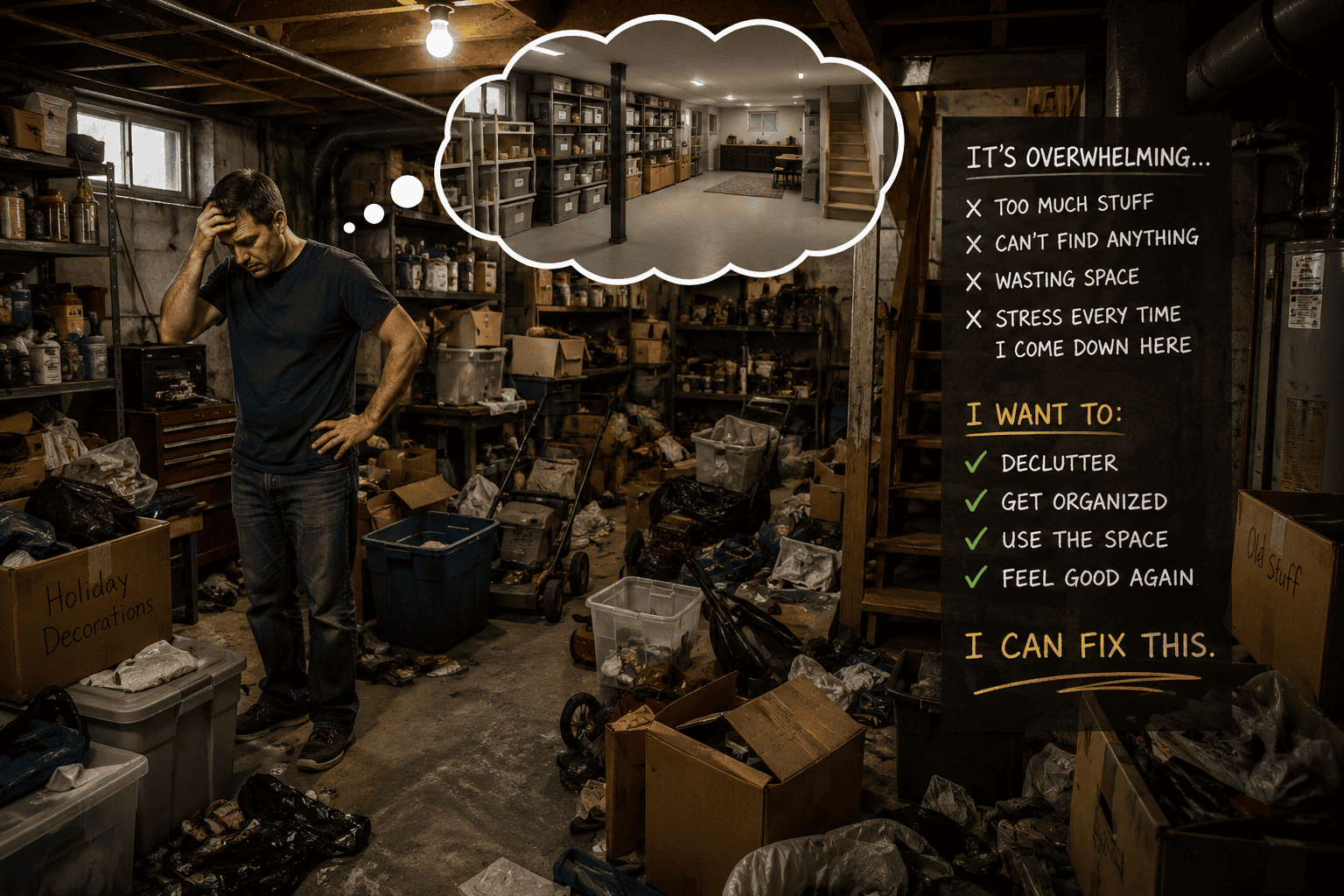 Cluttered basement with a stressed homeowner looking overwhelmed by storage clutter and planning to organize the space.