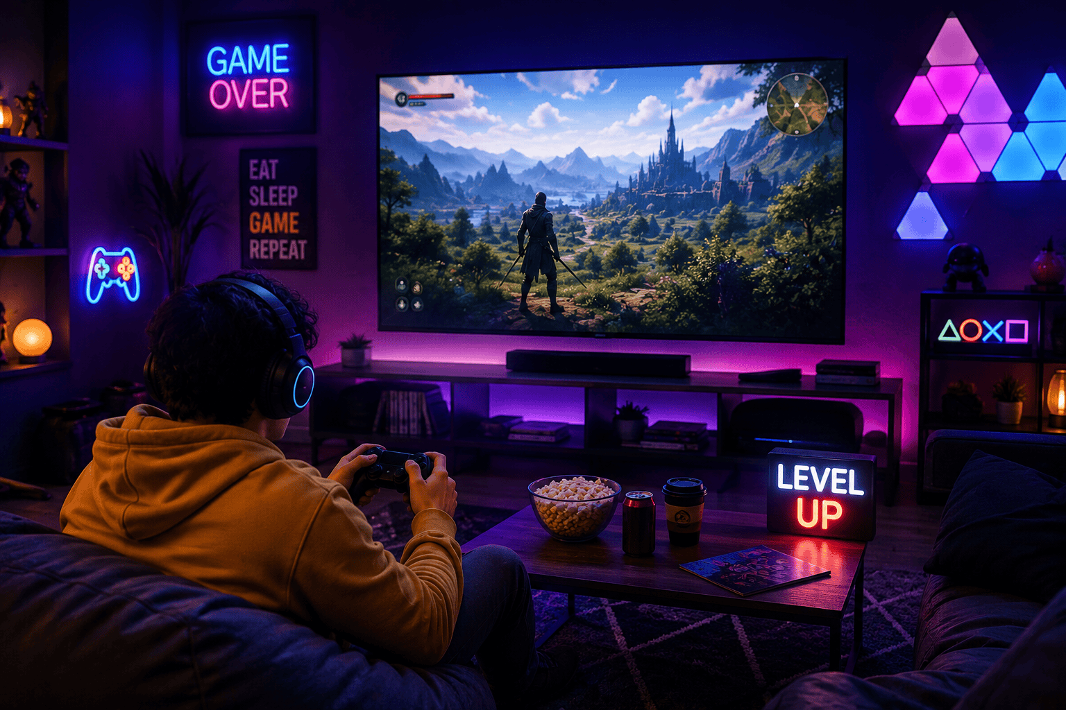 Best Video Game Launch PR Agency UK | Trusted Since 2001 43 Gamer immersed in a fantasy RPG on a large screen in a neon-lit console gaming setup