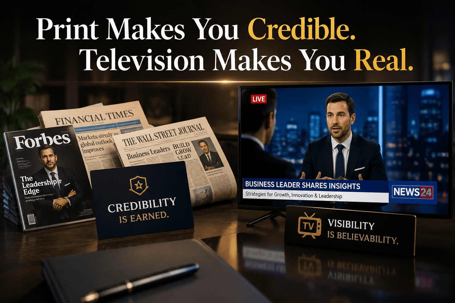 Business newspapers and magazines beside a television screen showing a live business interview