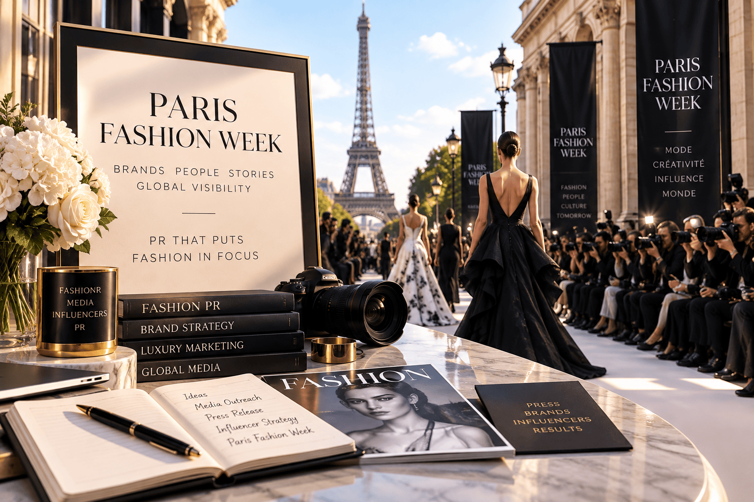 Fashion show PR — press, photographers and models at a London runway event