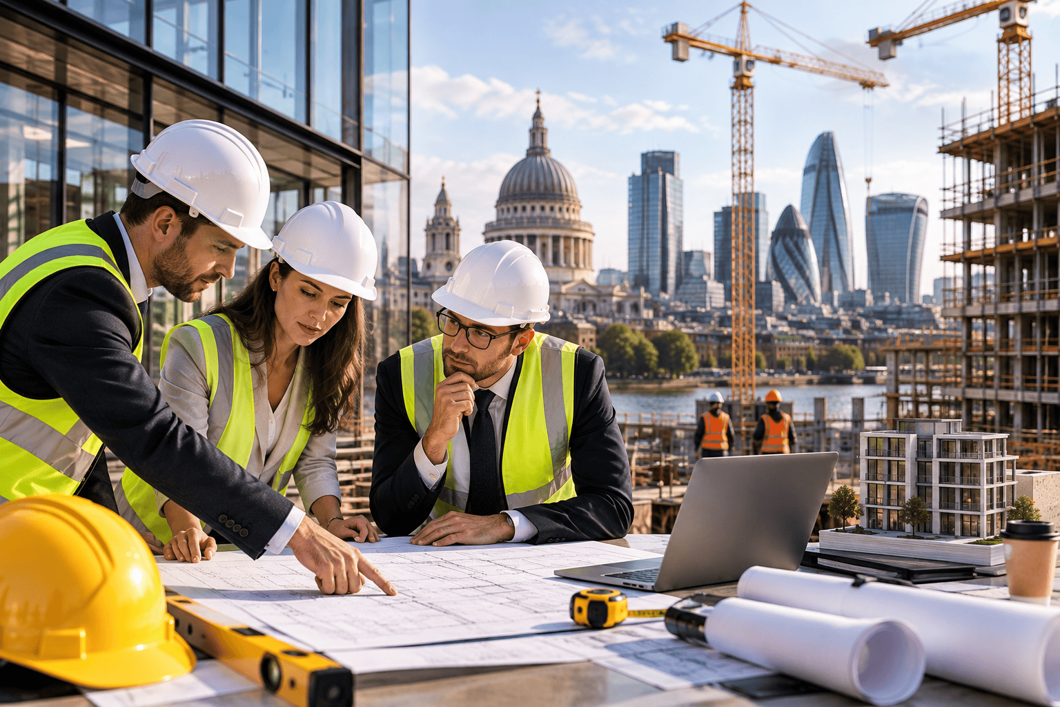 Construction directors and a project manager reviewing drawings and a development model on a City of London site