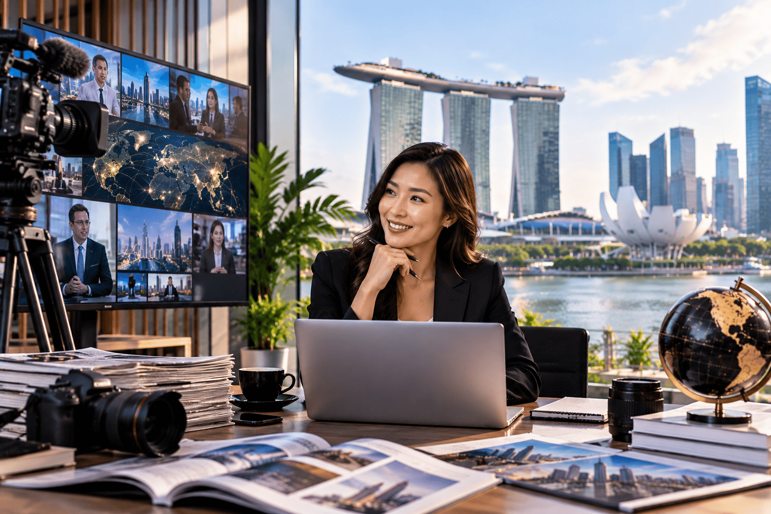 Communications lead working at a laptop in a Singapore office, with the Marina Bay skyline behind her