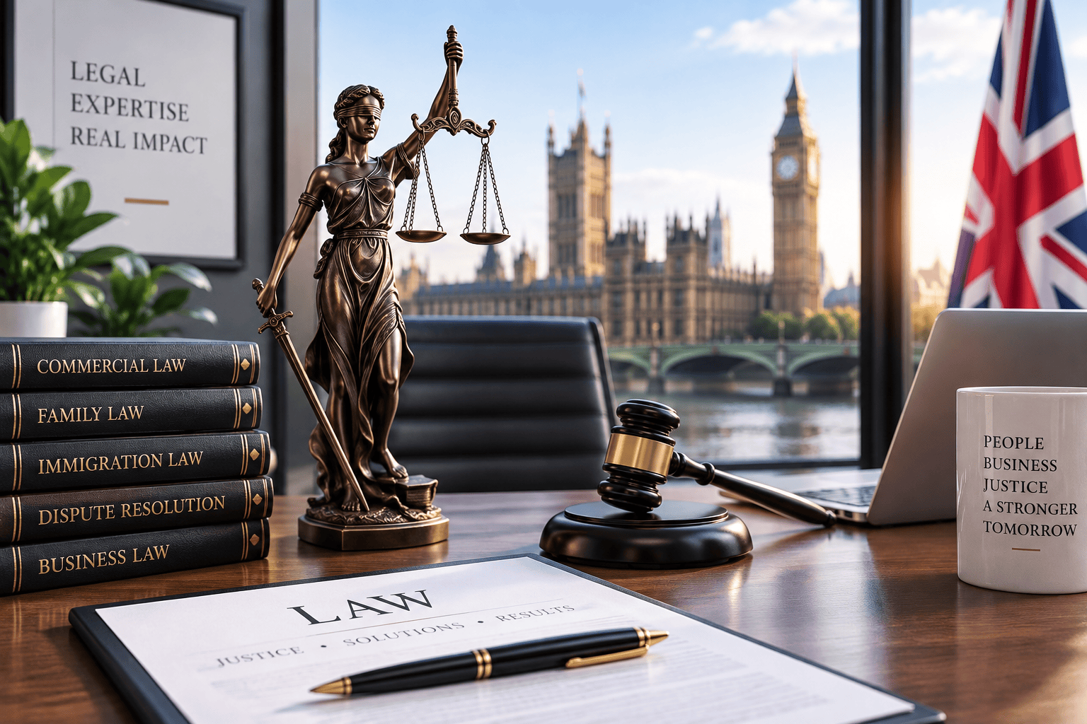 PR for law firms UK — London legal desk with scales of justice, practice-area law books and the Houses of Parliament