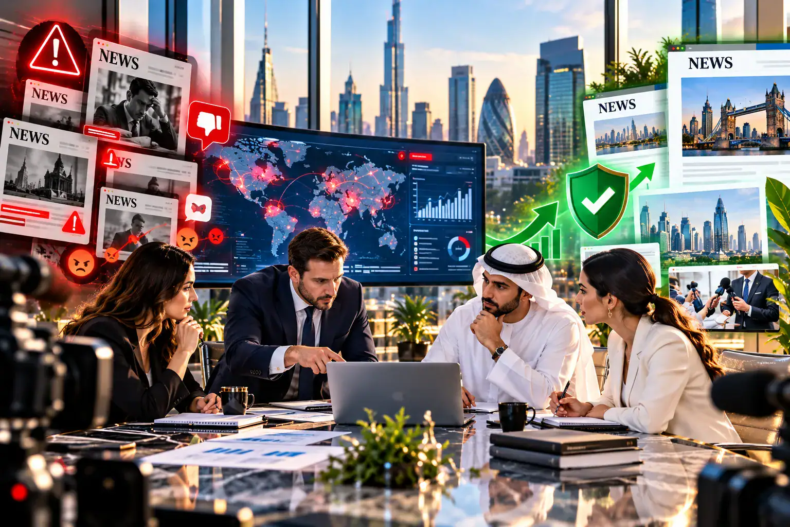 Crisis communications specialists monitoring global media and social sentiment for a UAE brand, with recovery coverage in Dubai and London