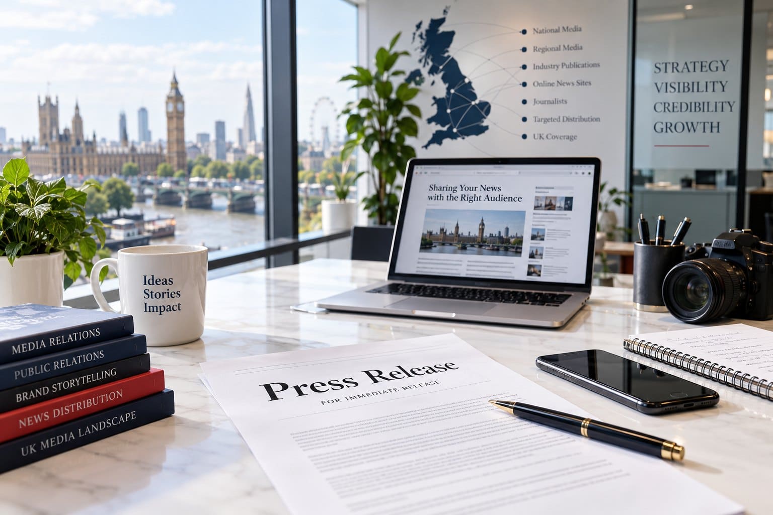 Press release distribution UK - a press release, laptop showing published news and a UK media map in a London office overlooking Westminster
