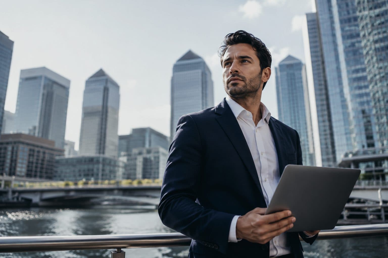 Property PR agency UK - a property investor in a London office overlooking Canary Wharf