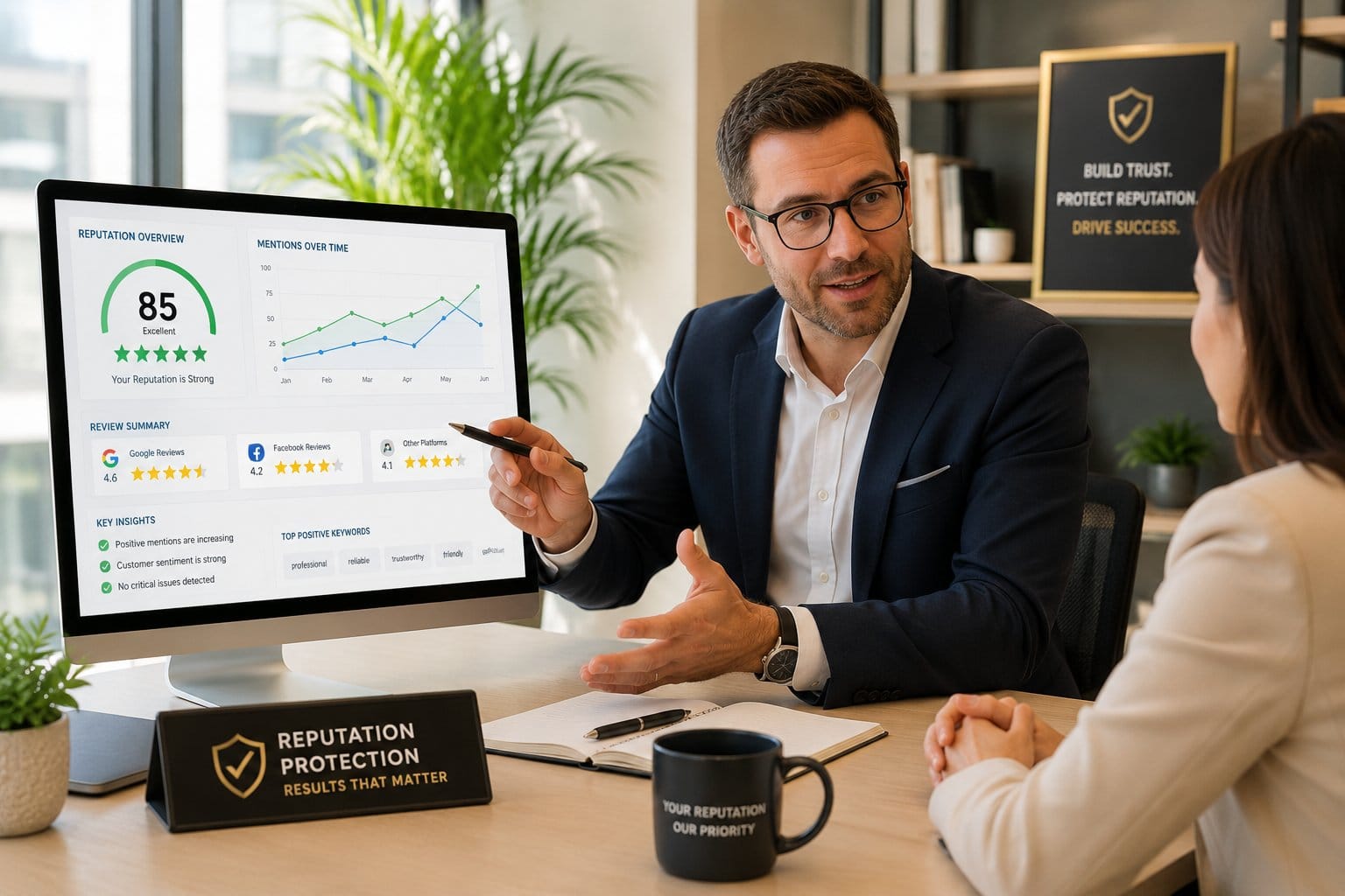 Reputation protection strategy session showing a reputation score dashboard