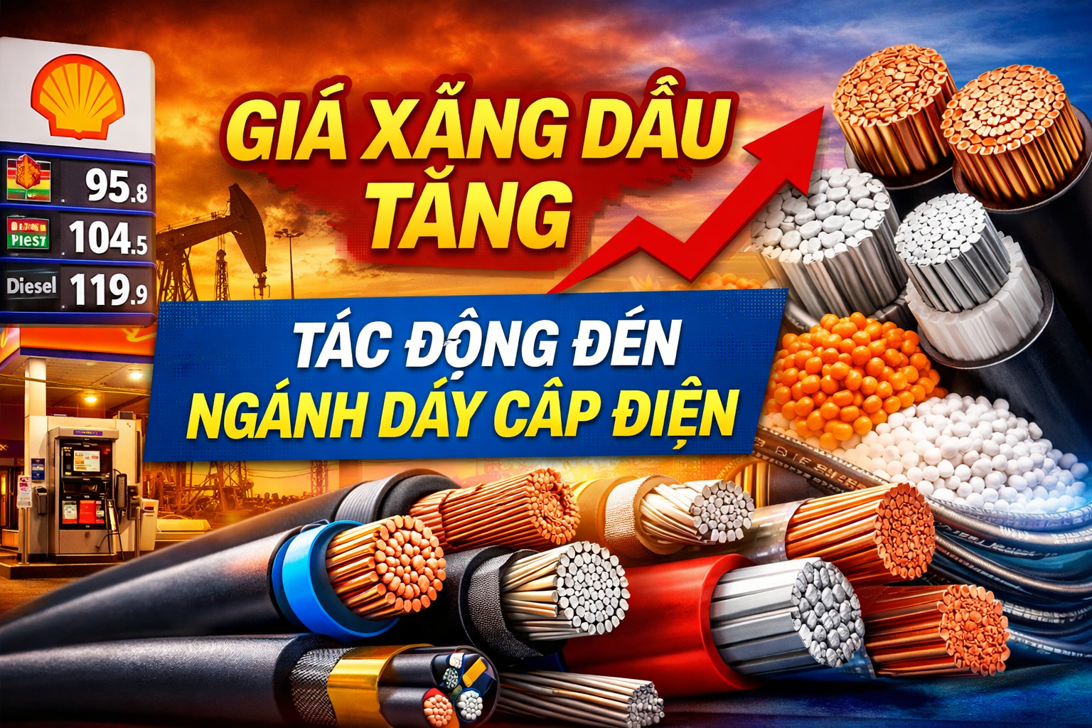 “Giá xăng dầu tăng ảnh hưởng đến ngành dây cáp điện Việt Nam, minh họa đồng nhôm và hạt nhựa cùng biểu đồ tăng giá”