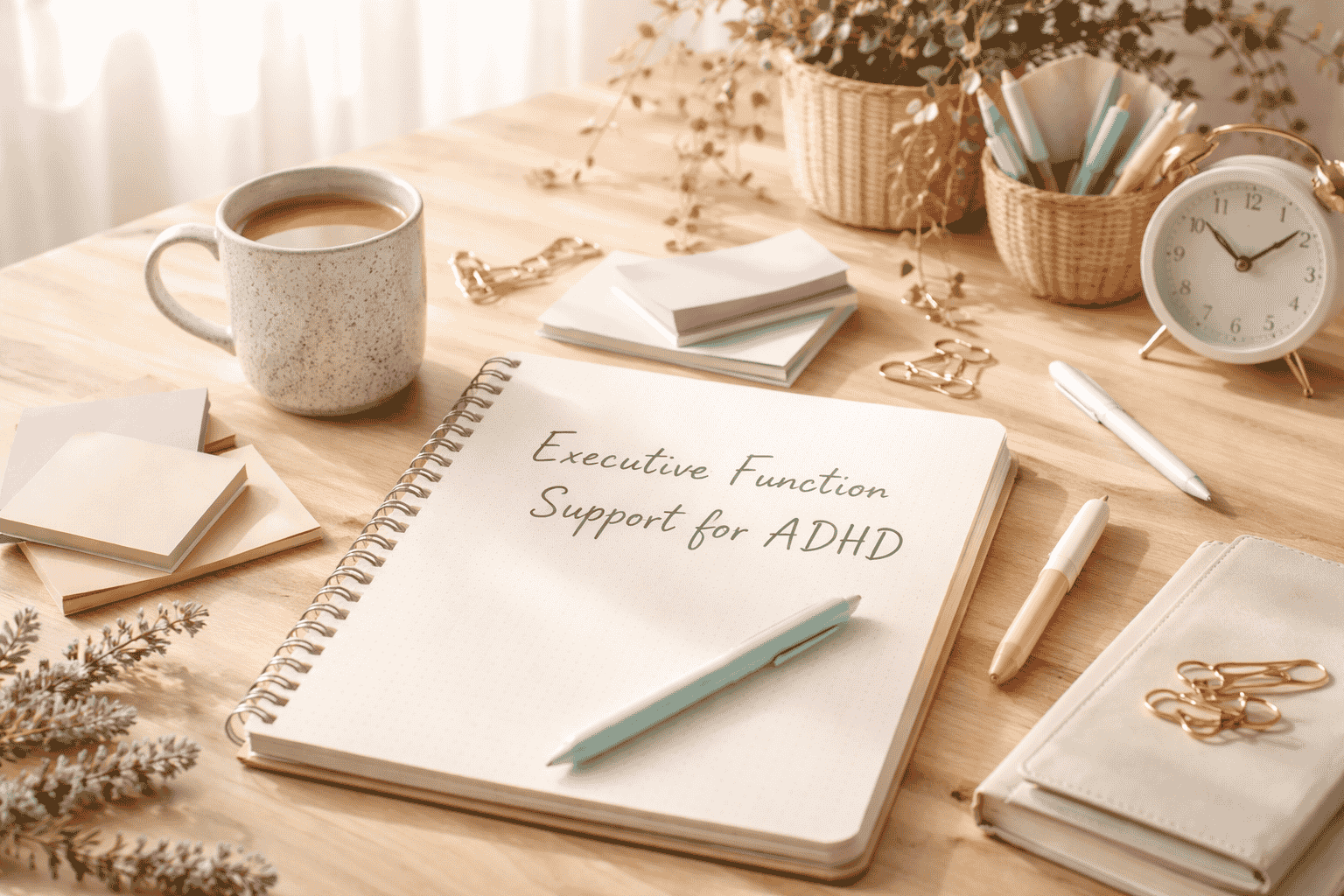 Calming workspace representing ADHD executive function support with notebook, planner, and visual tools