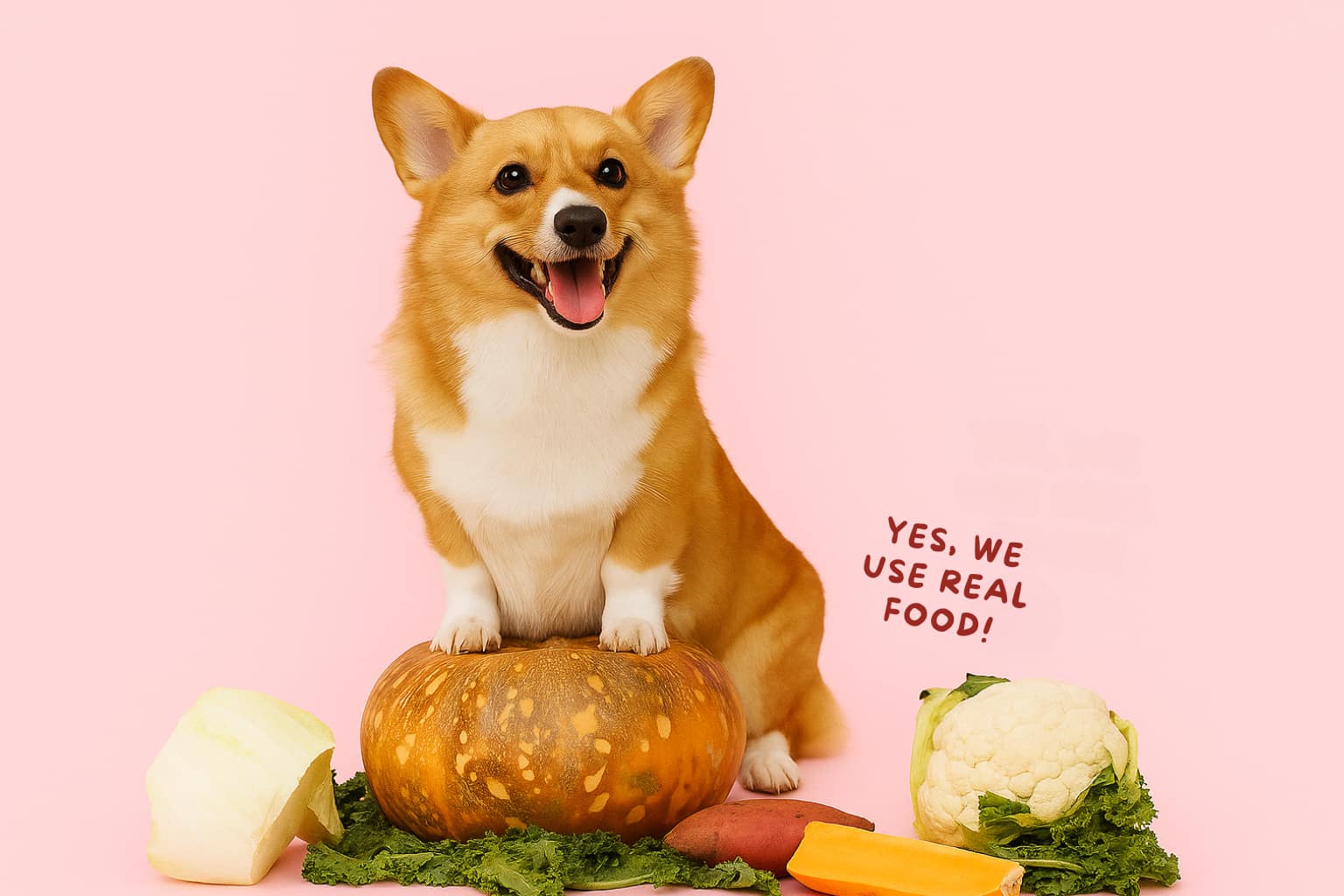 Happy dog beside fresh food