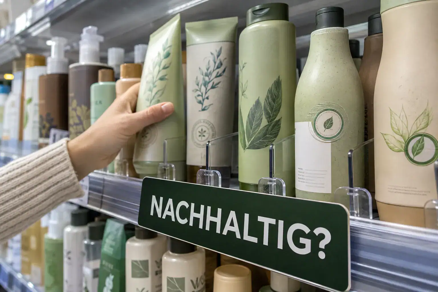 Regal mit grün gestalteten Pflegeprodukten und einem Schild mit der Aufschrift „Nachhaltig?“.
