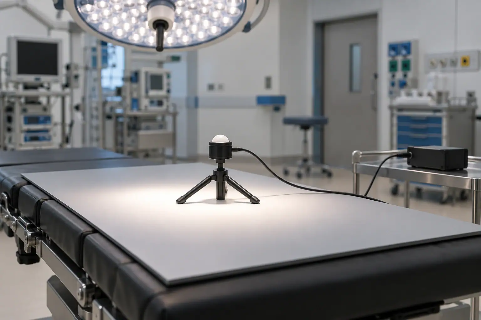 Measuring the surgical light output response Photometric sensor on a test plane beneath a surgical light, connected to a recorder