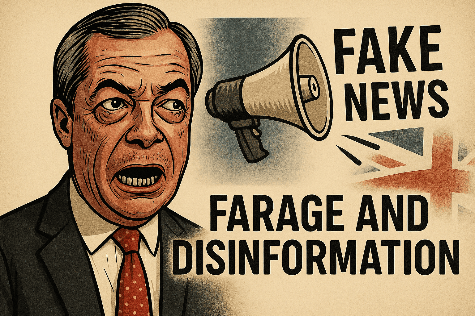 Vintage poster-style illustration featuring a megaphone blasting 'FAKE NEWS', with bold text reading 'Farage and Disinformation', set against a faded Union Jack and aged background.