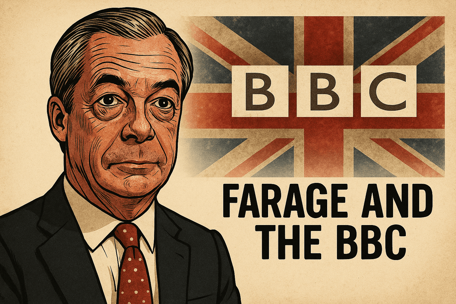 Vintage poster-style illustration showing a portrait of Nigel Farage beside the BBC logo and faded Union Jack, with bold text reading 'Farage and the BBC'.
