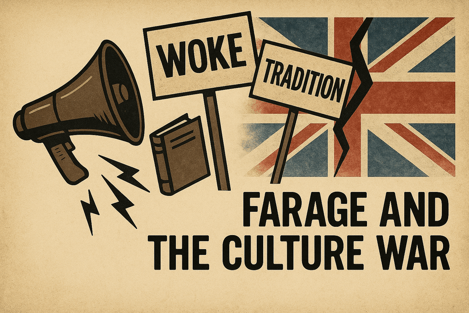 Vintage poster-style illustration featuring a megaphone, protest signs labeled 'WOKE' and 'TRADITION', a closed book, and a cracked Union Jack, with bold text reading 'Farage and the Culture War'.