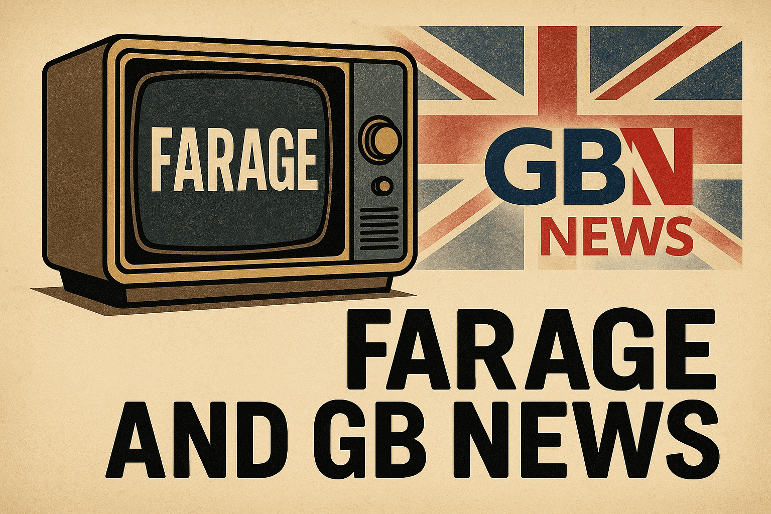 Vintage poster-style illustration featuring a retro television with the word 'Farage' on screen, a faded Union Jack, and the GB News logo beside bold text reading 'Farage and GB News'.