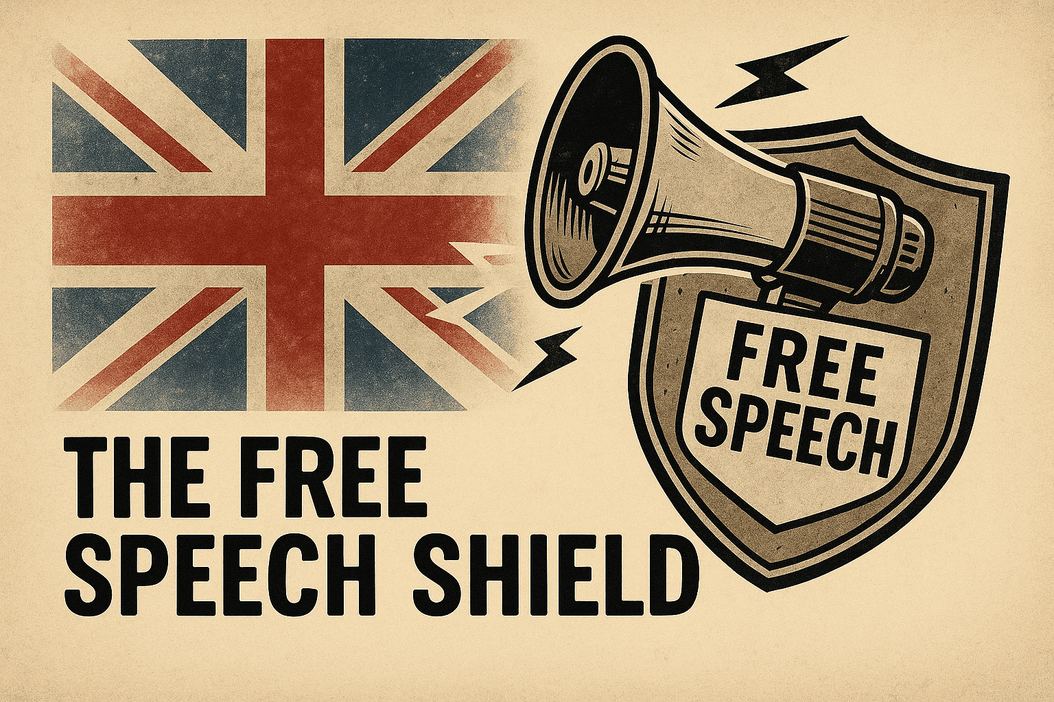 Vintage poster-style illustration showing a large shield with the words 'FREE SPEECH' across it, flanked by loudspeakers and protest signs, on a textured beige background with bold text reading 'The Free Speech Shield'.