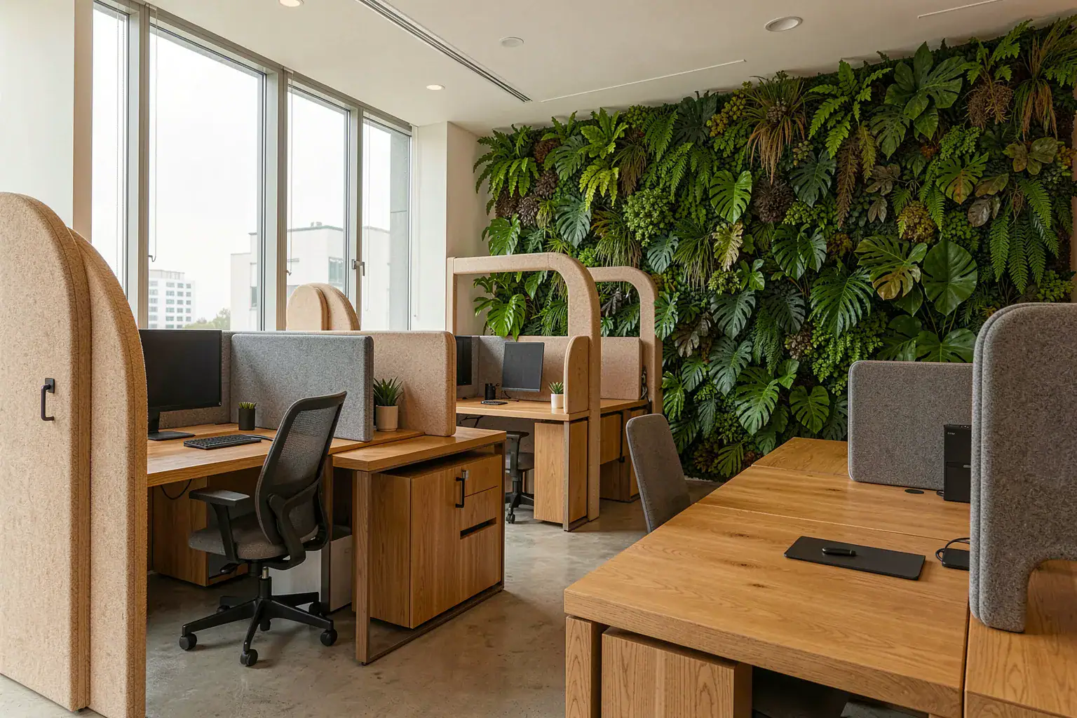 Modernes New-Work-Büro 2026 mit Pflanzenwand, Holzmöbeln, Akustik-Pods und Tageslicht