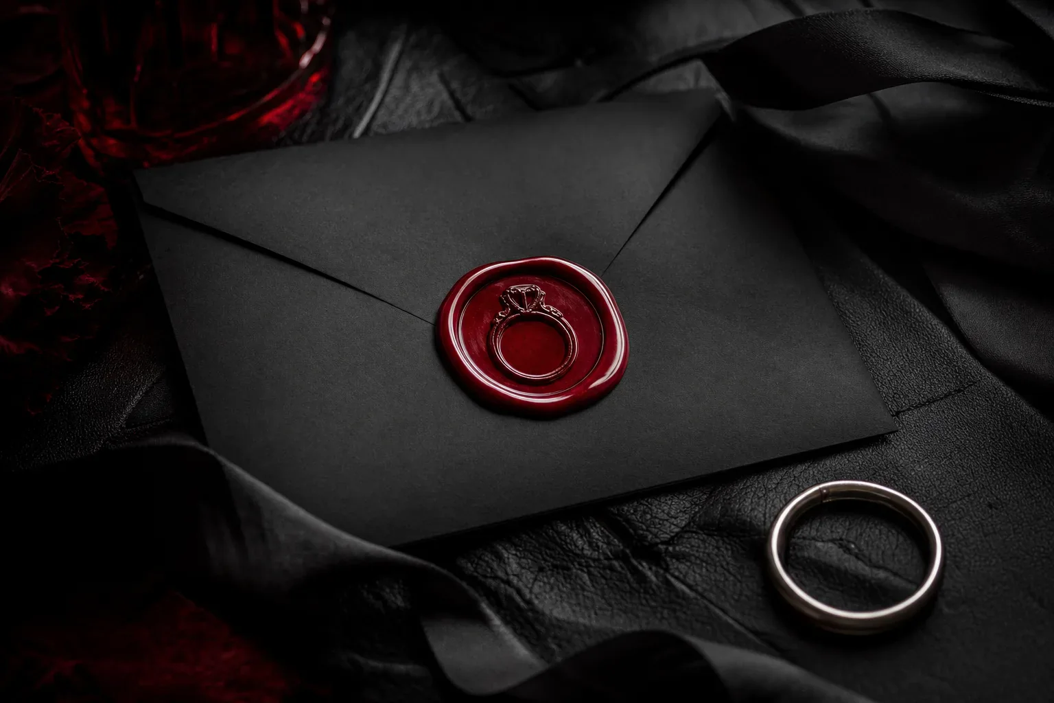 Enveloppe noire scellée de cire rouge pour contacter l’annuaire Senkha, posée sur du cuir à côté d’un anneau argenté
