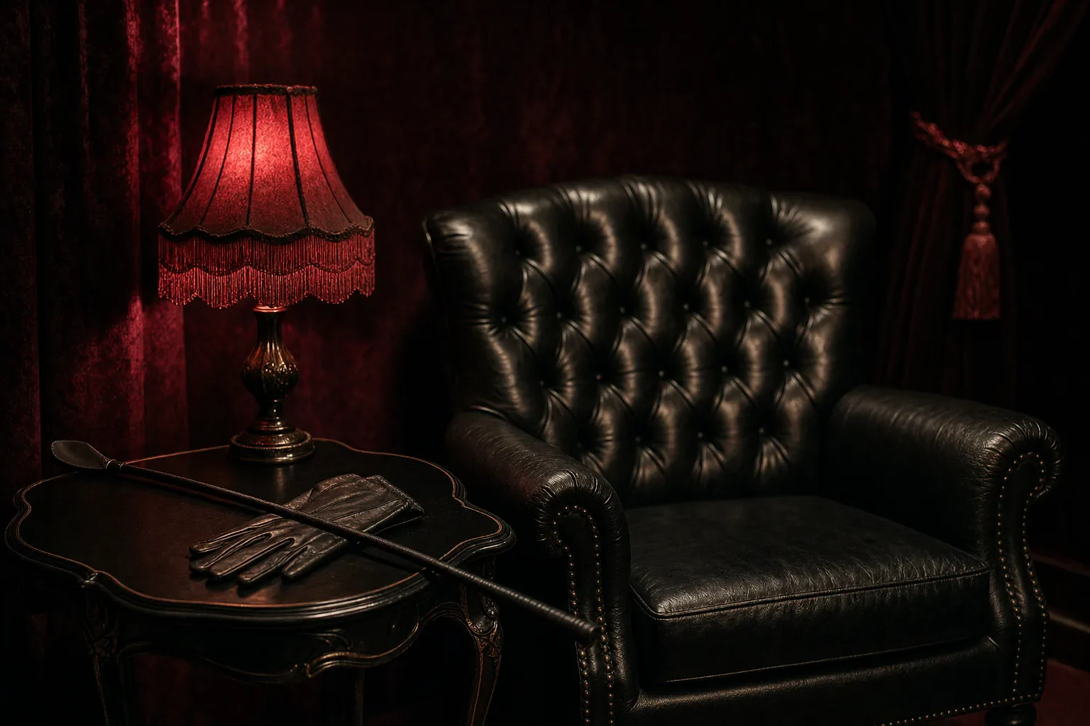 Salon privé de l’annuaire plan cul Senkha : fauteuil capitonné en cuir noir, gants et cravache posés sur un guéridon, lumière rouge tamisée