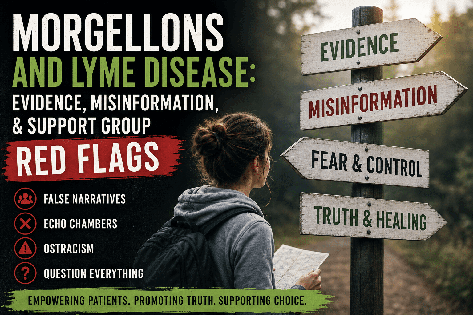 Morgellons and Lyme disease featured image showing a patient at a signpost choosing between evidence, misinformation, fear and control, and truth and healing.