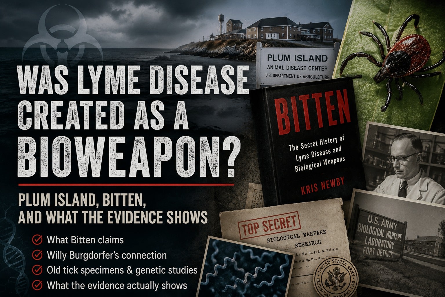 Lyme disease bioweapon featured image with Plum Island, Bitten book, tick, and biological warfare research references