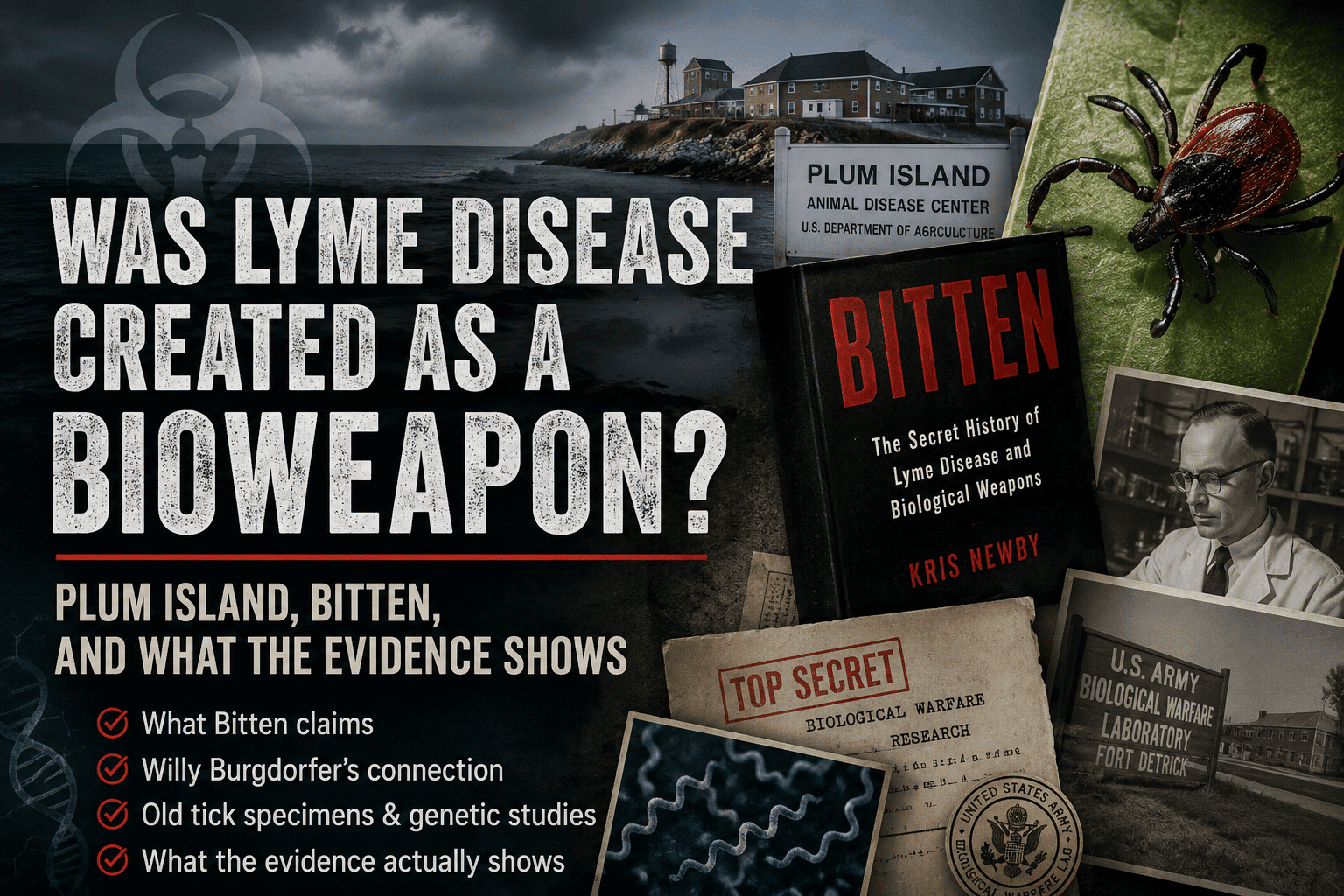 Lyme disease bioweapon featured image with Plum Island, Bitten book, tick, and biological warfare research references