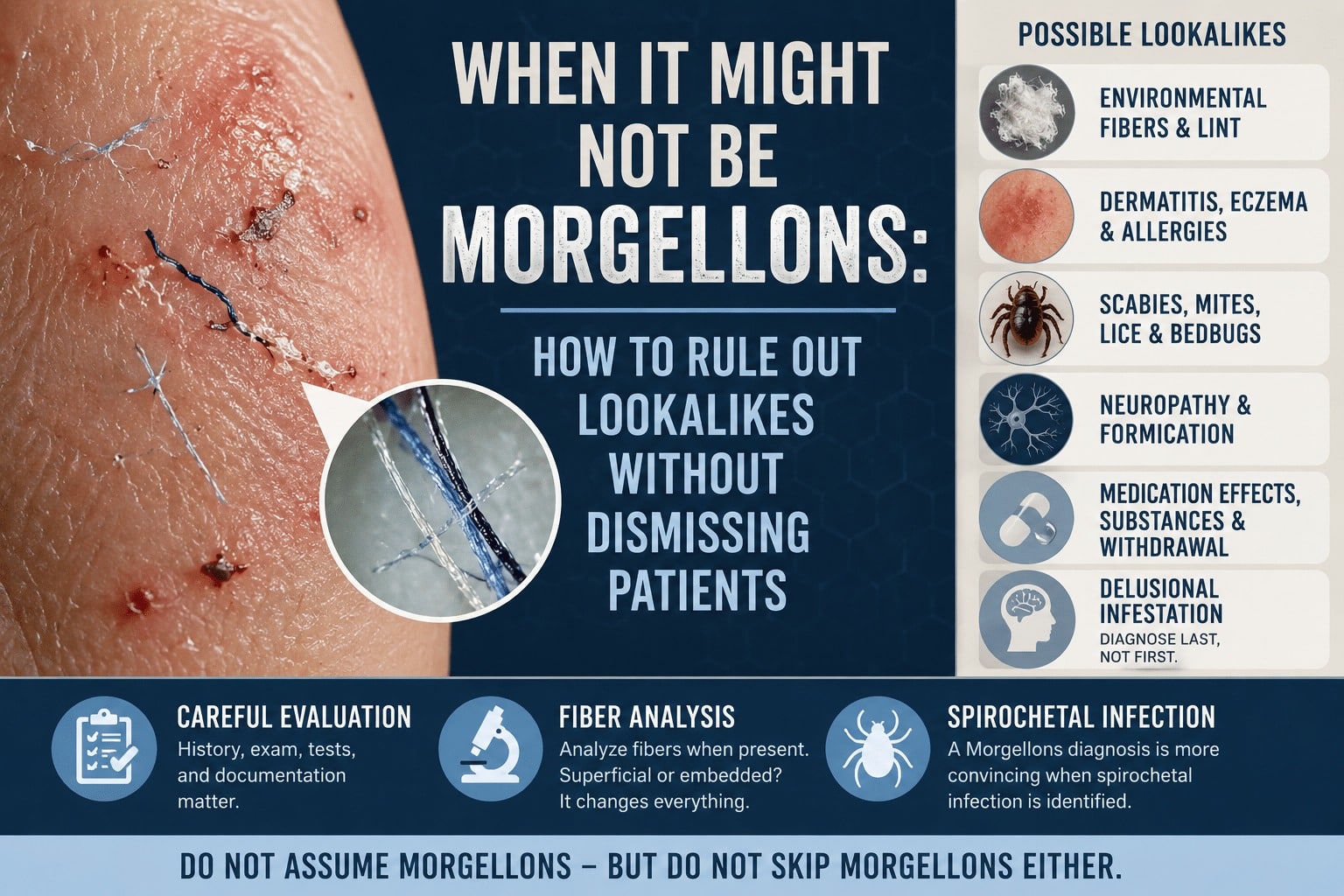 Medical-style image showing irritated skin, fibers, microscope, and diagnostic checklist for ruling out Morgellons lookalikes without dismissing patients.