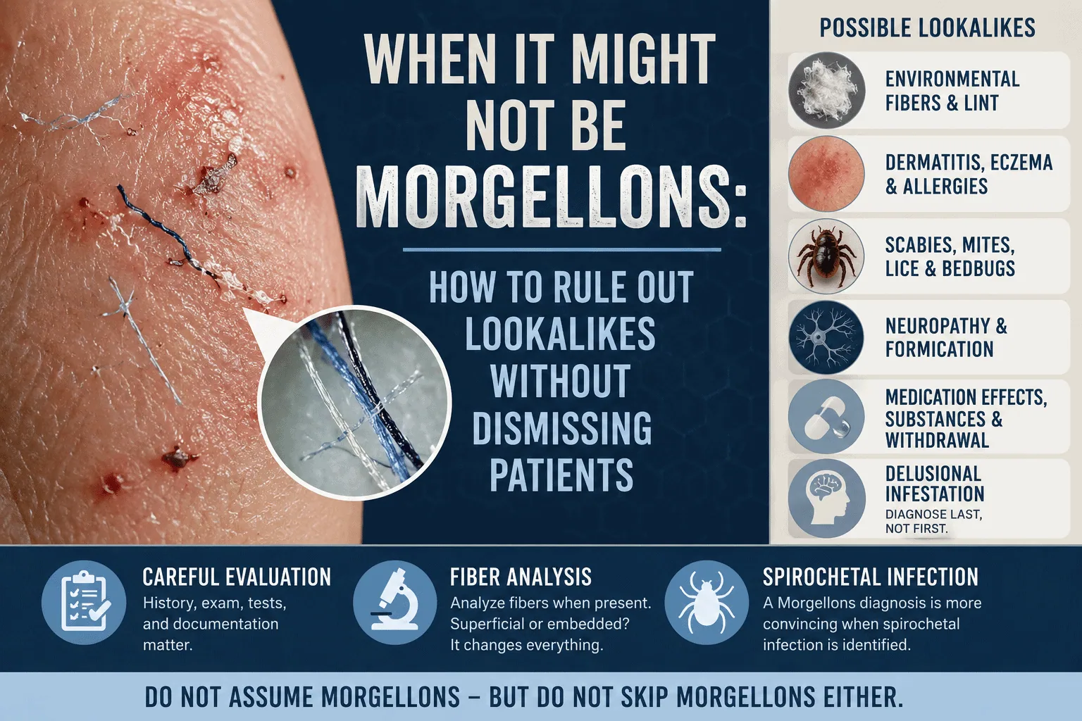 Medical-style image showing irritated skin, fibers, microscope, and diagnostic checklist for ruling out Morgellons lookalikes without dismissing patients.