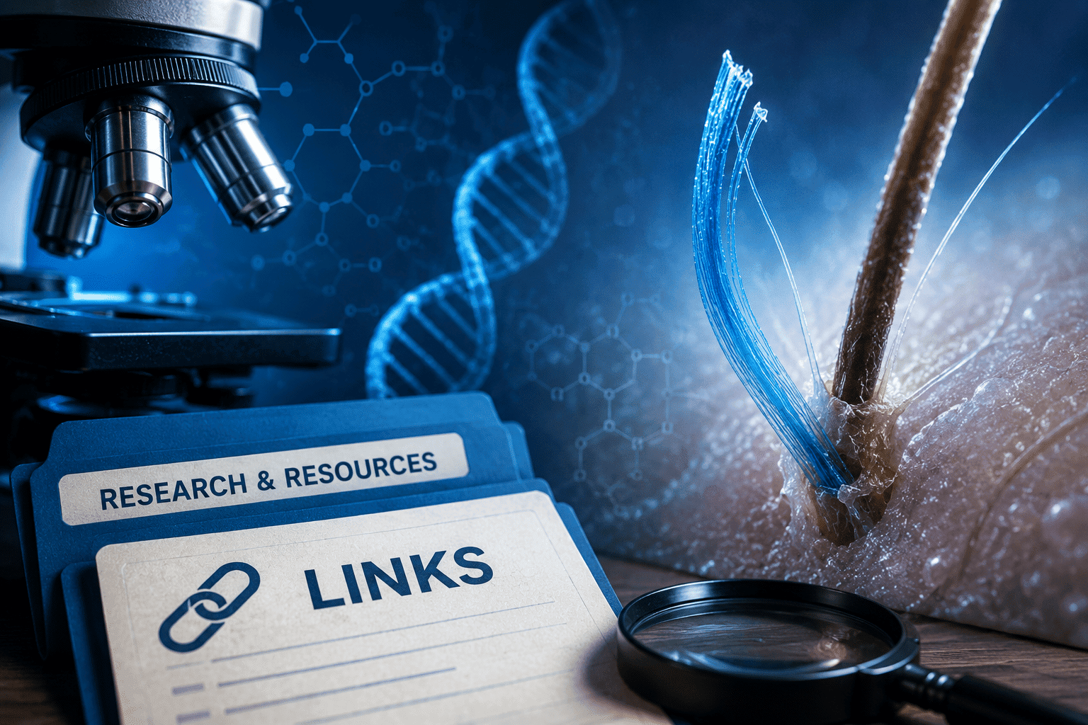 Morgellons research links and resources image with microscope, DNA, blue skin fiber, and medical research folder