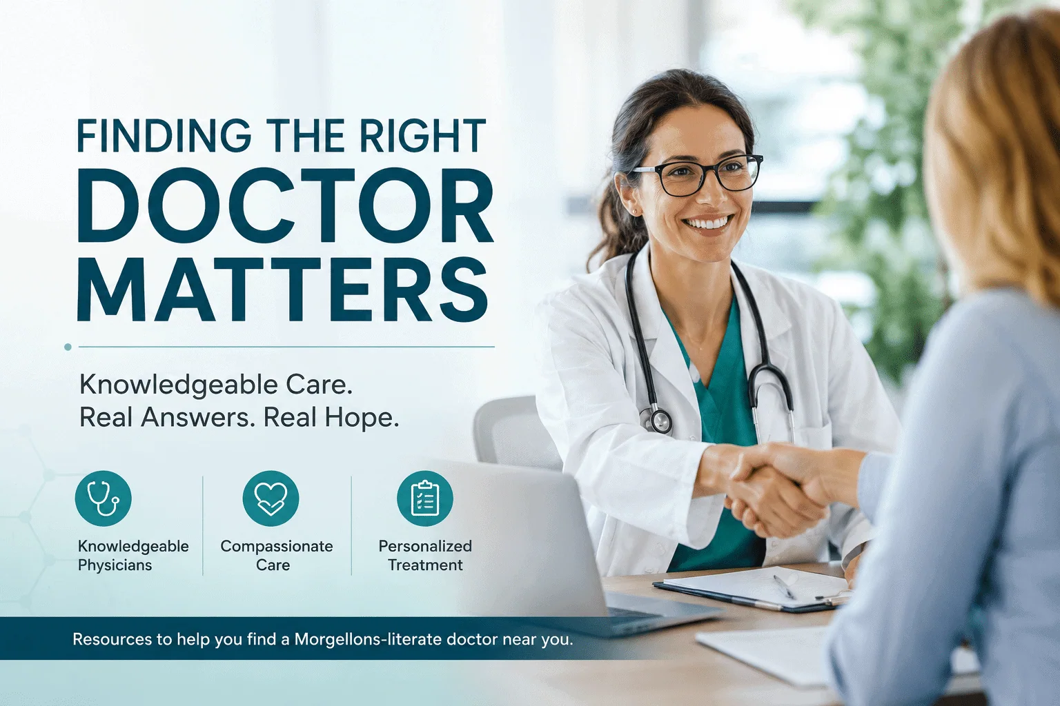 Doctor speaking with a patient beside the text “Finding the Right Doctor Matters” and resources for finding a Morgellons-literate physician.