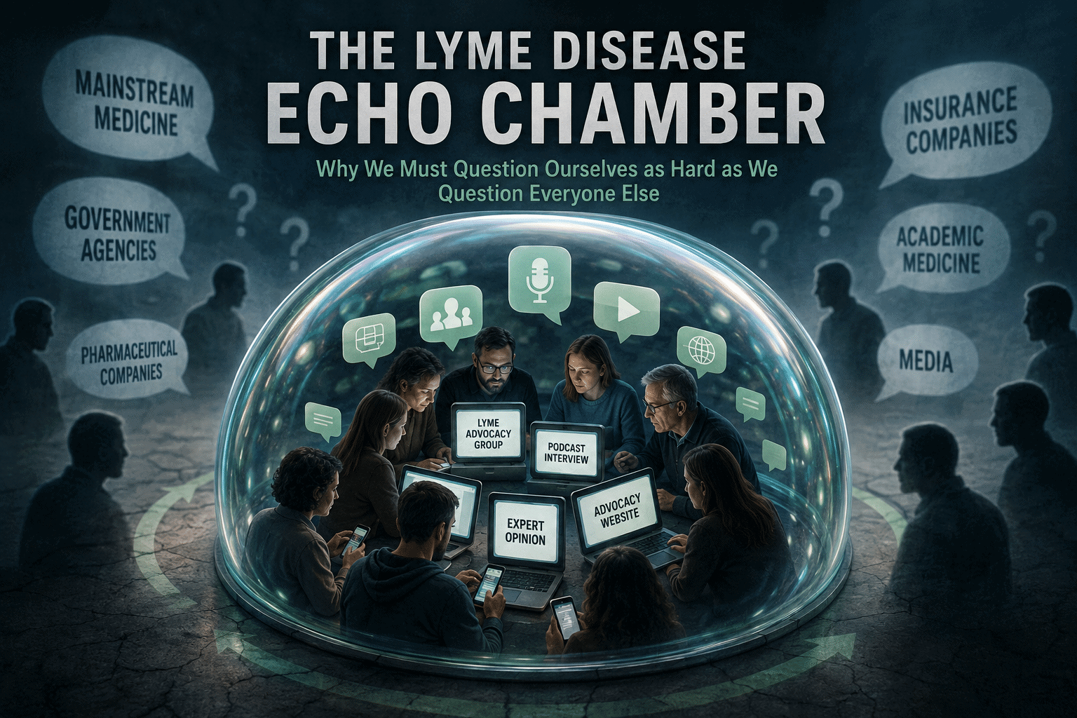 Lyme disease echo chamber showing doctors, advocates, podcasts, websites and patient groups circulating information inside a closed loop