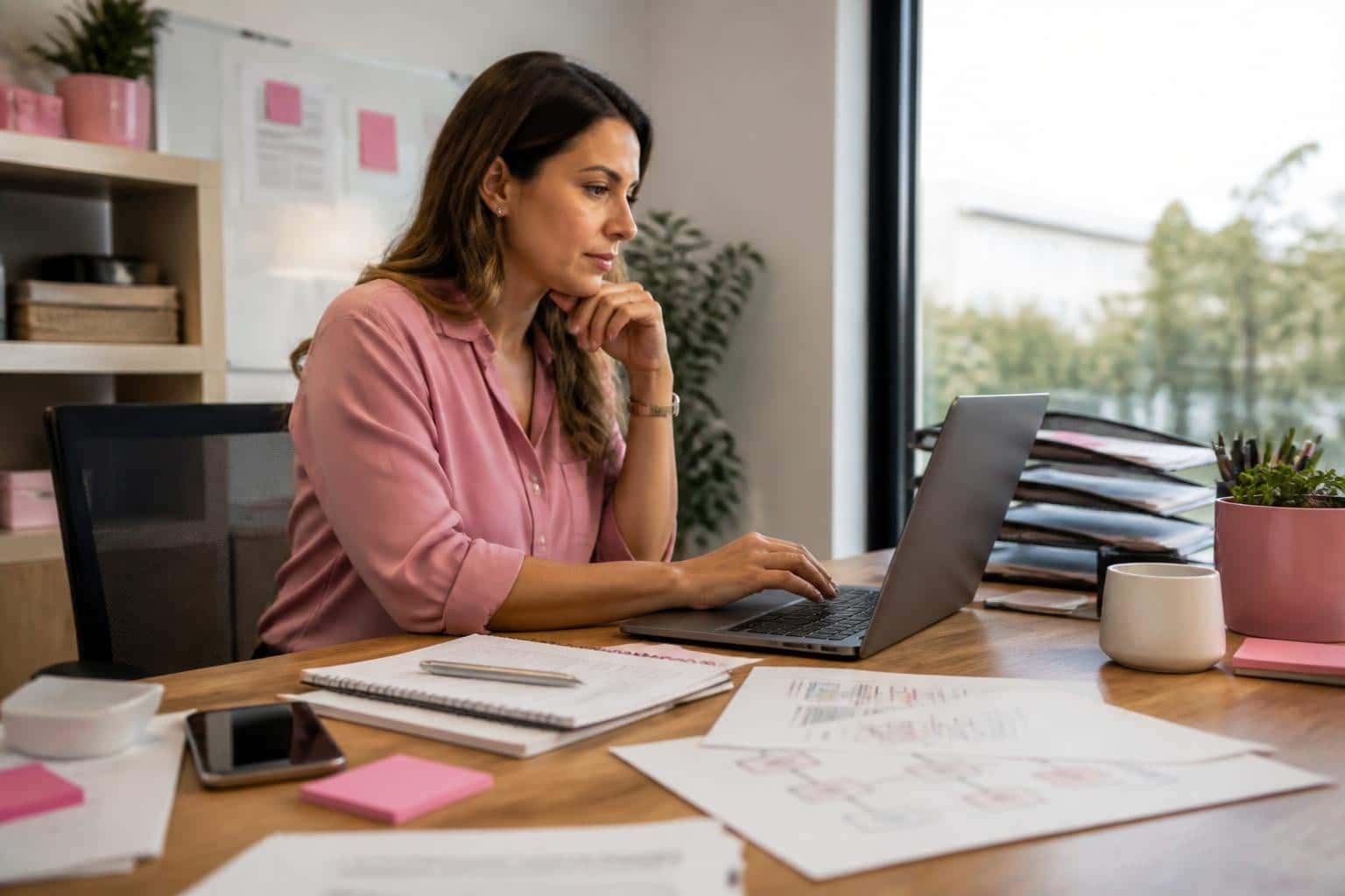 Small-business owner reviewing AI-assisted workflows on a laptop.