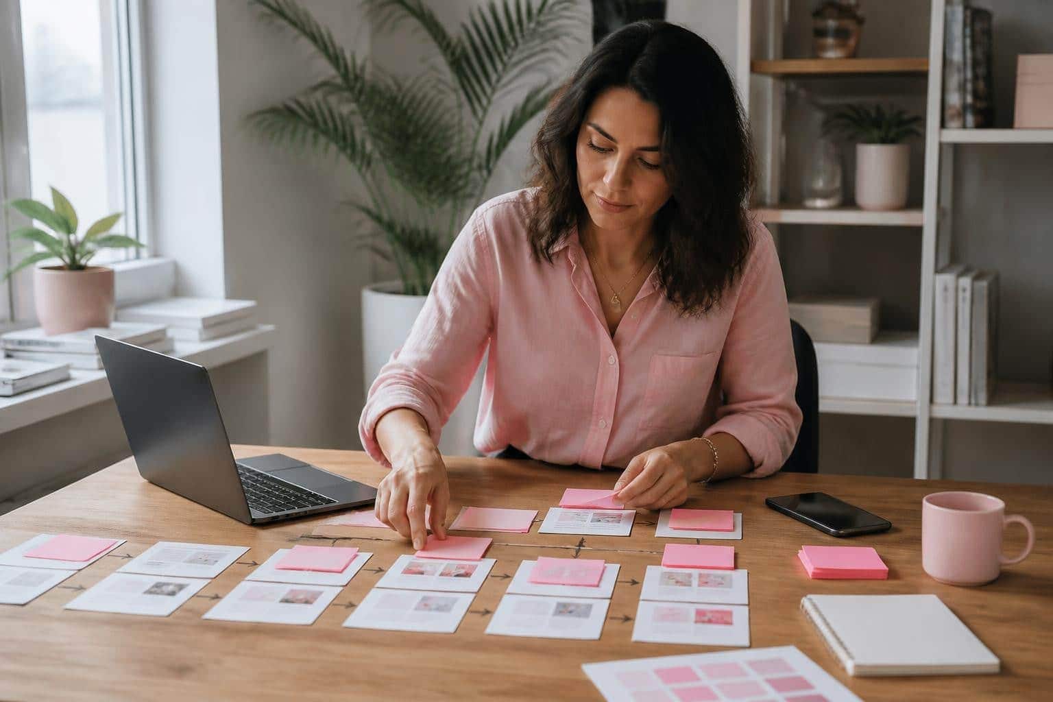 Small-business owner mapping a customer journey on a desk.